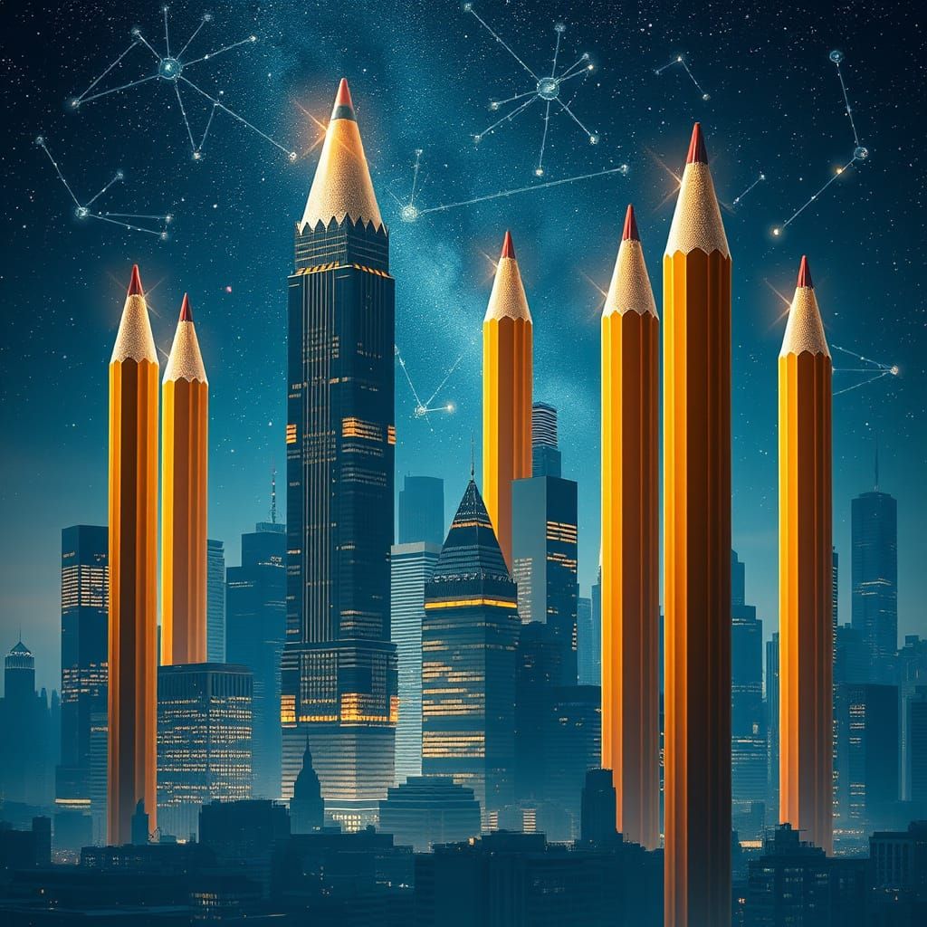 Futuristic Pencil City Skyline Writing Constellations