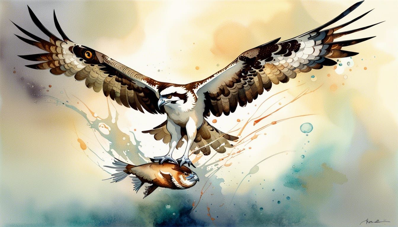Osprey with Fish: Metallic Watercolor Splash Art