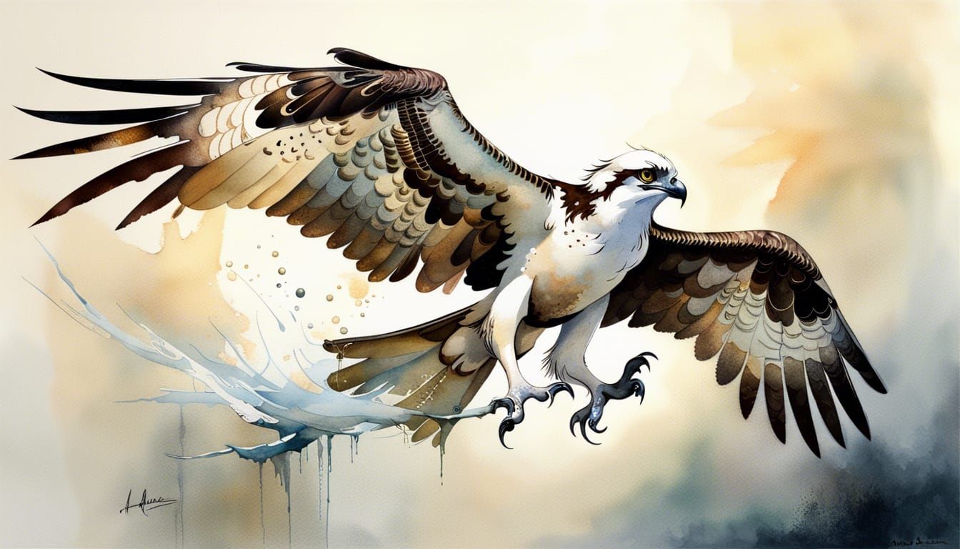 Osprey with Fish in Metallic Watercolor Style
