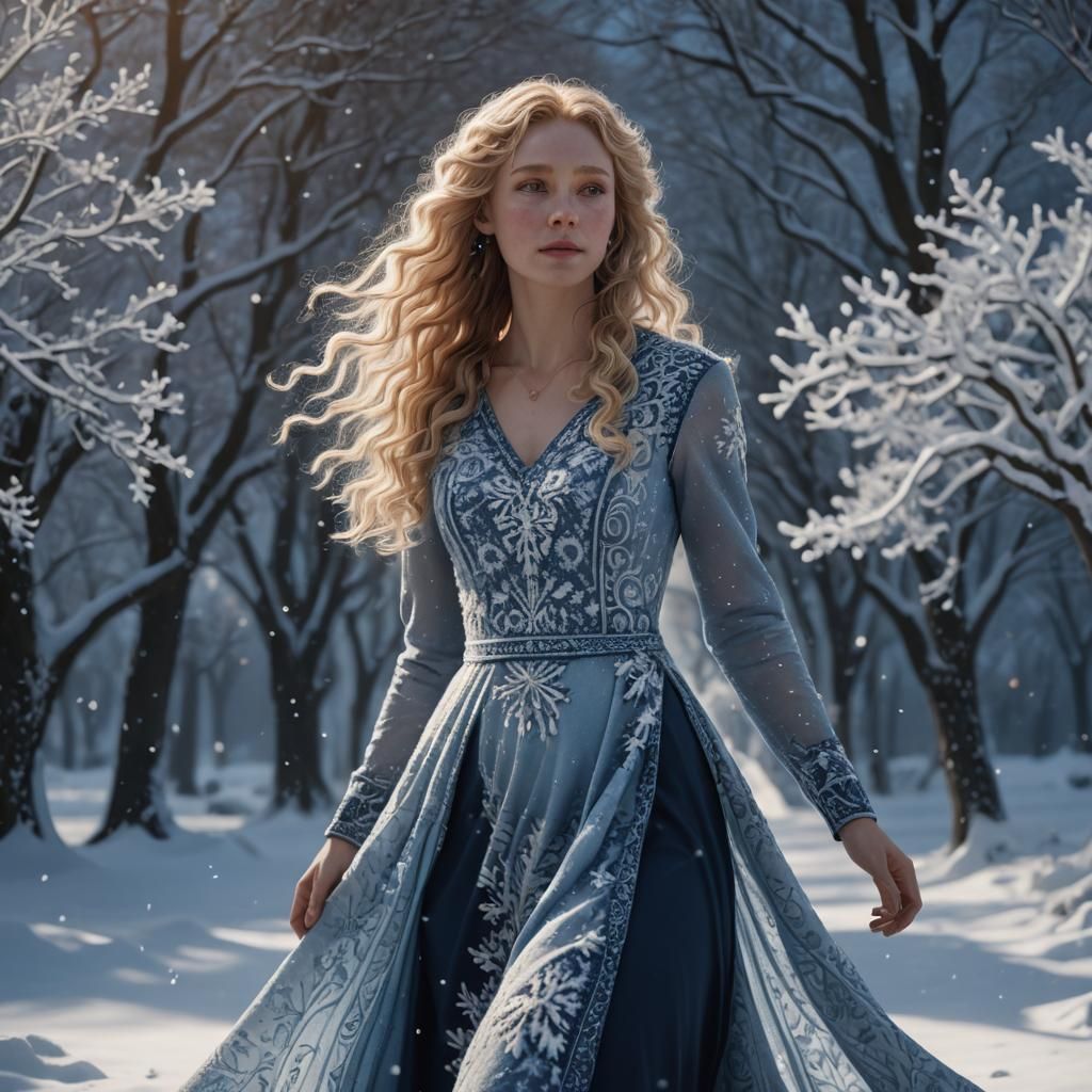 Snow Maiden in Snowy Medieval Landscape