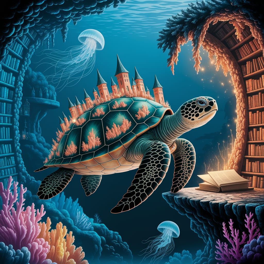 Enchanted Sea Turtle Library: Underwater Fantasy Art
