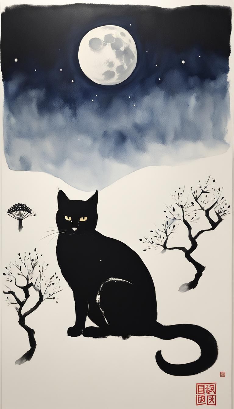 Minimalist Cat Under Moon in Vietnamese Ink