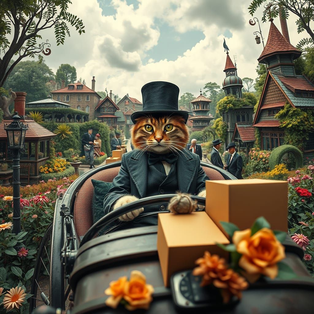 Elegant Cat Drives Steampunk Carriage Through Lush Garden