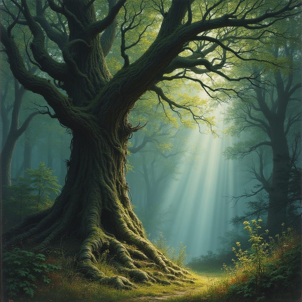 Mystical Forest Scene in Whimsical Art Style