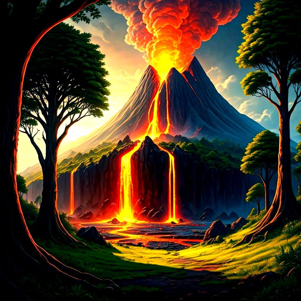 Volcanic Eruption with Lava Flowing into Forest
