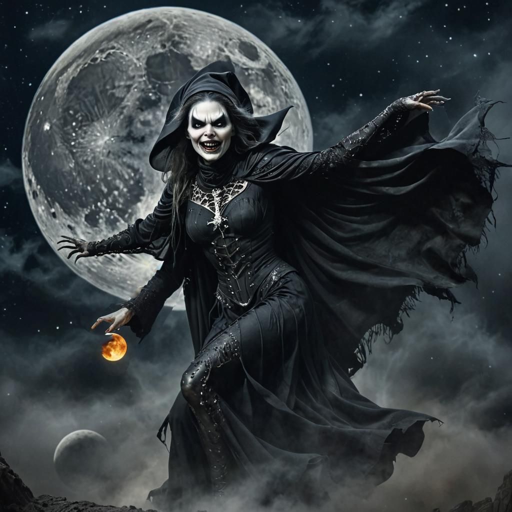 Moonlit Witch Flying Across Starry Night Sky
