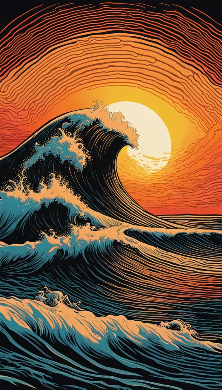 1970s Style Sunset Wave Screen Print