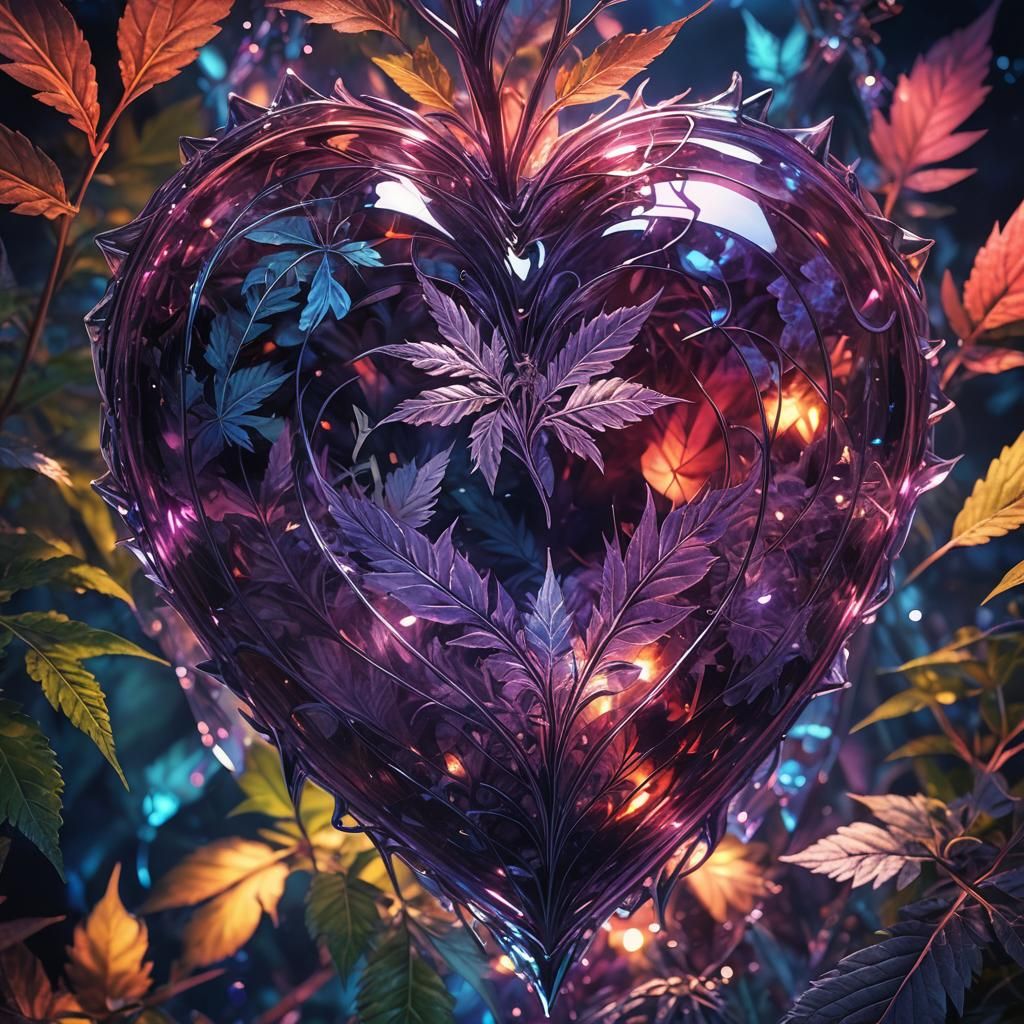 Purple Crystal Heart Surrounded by Marijuana Leaves