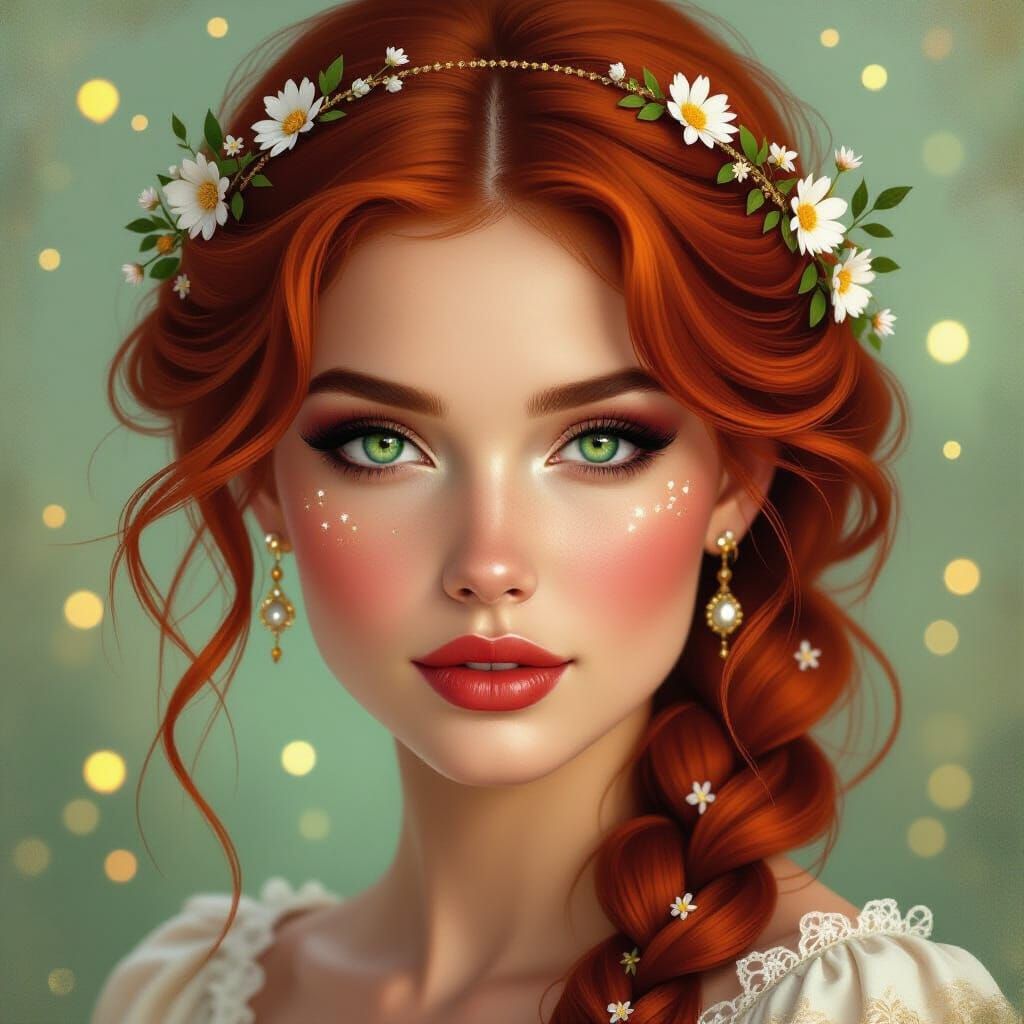 Emerald-Eyed Woman in Dreamscape: Vintage Oil Painting