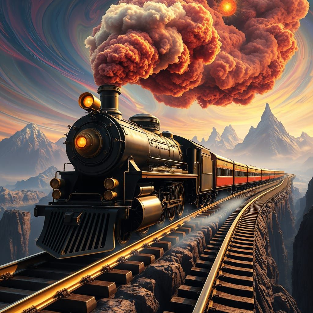 Surreal Steam Train Soars Through Dreamlike Landscape of Flo...