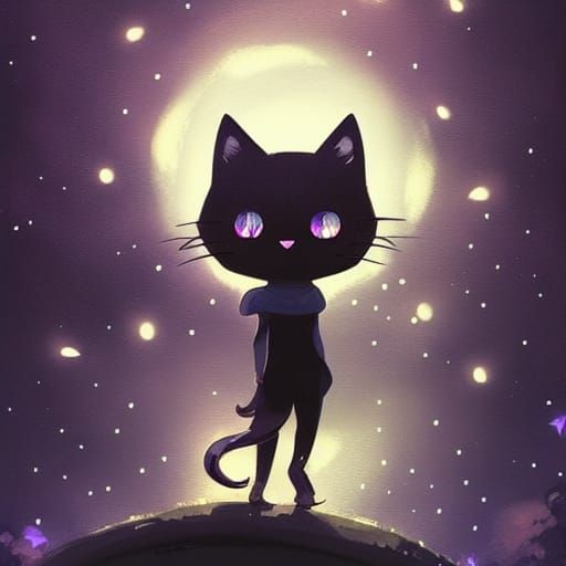 Chibi Black Cat Under a Moonlit Sky