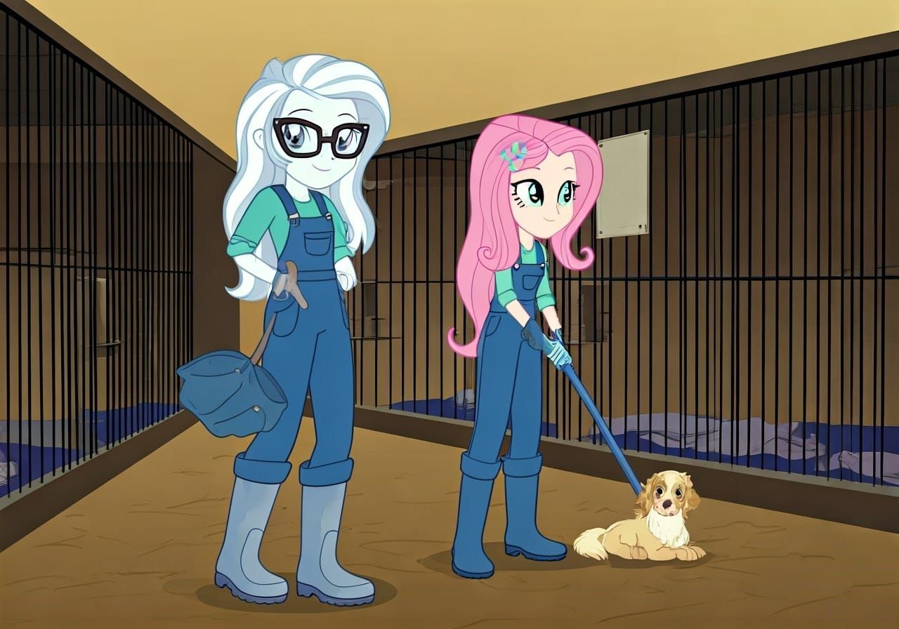 Sugarcoat and Fluttershy at Animal Rescue Shelter