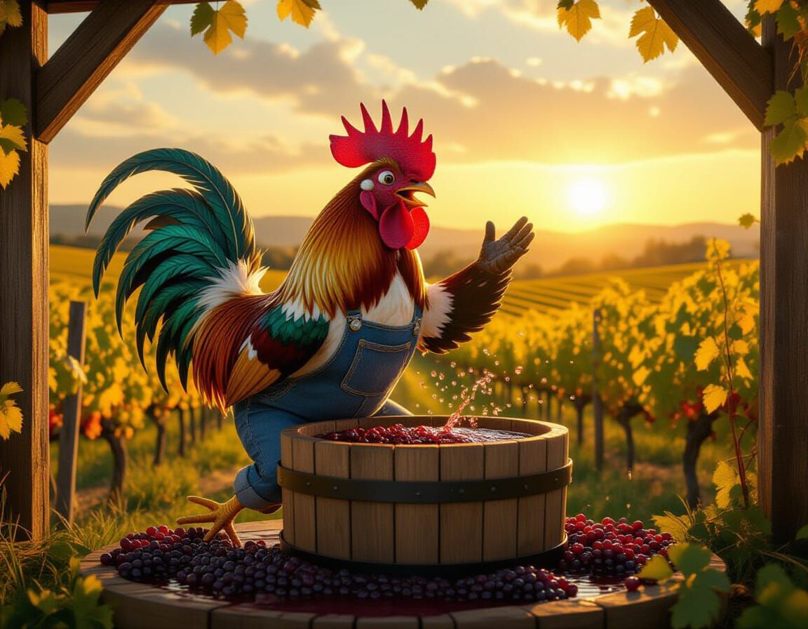 Anthropomorphic Rooster Farmer Celebrates Autumn Harvest Win...