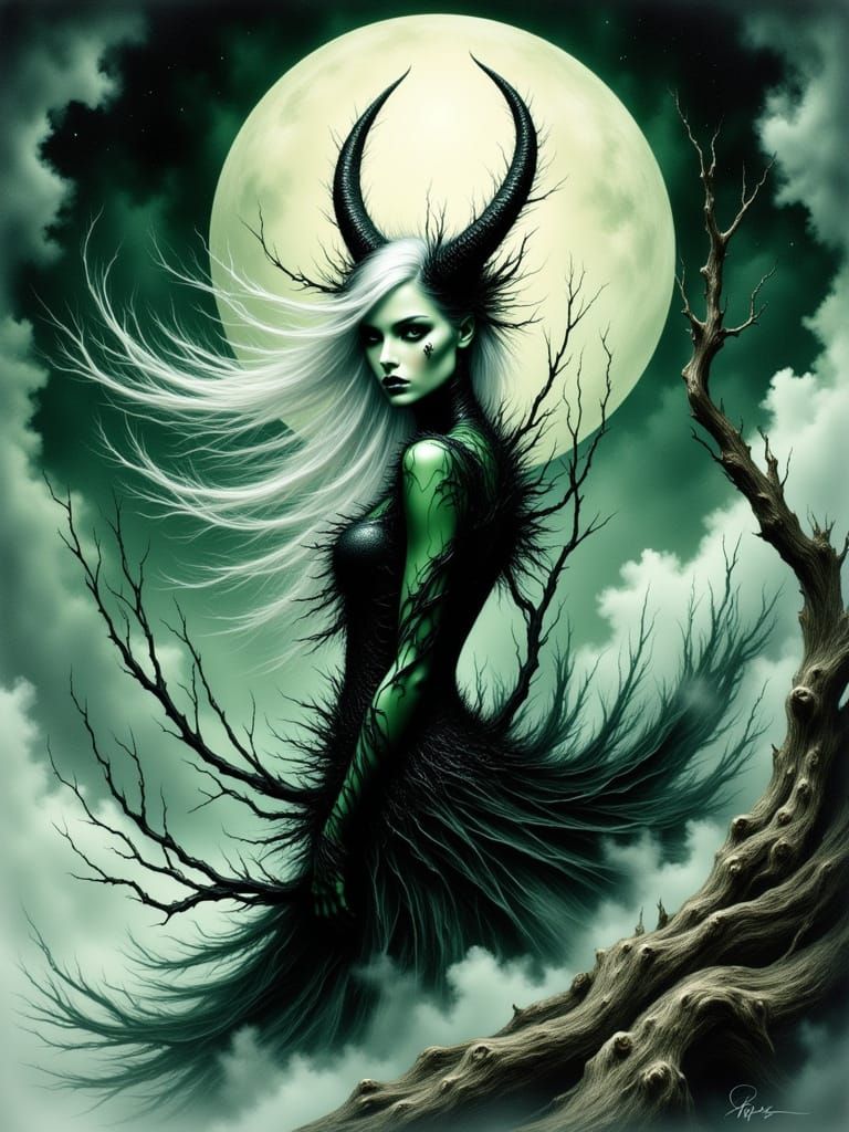 Surreal Demon Goddess in Dark Ink Illustration