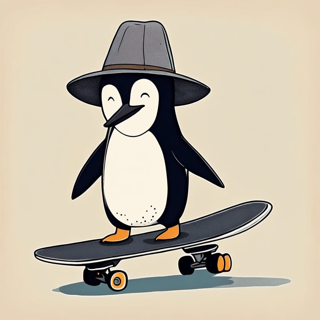 Penguin Skateboarder in Jon Klassen Cartoon Style