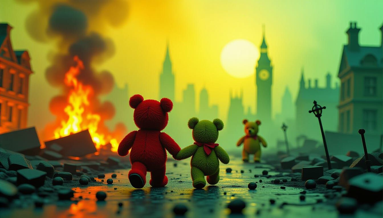 Red Robin and Teddy Bear Flee Burning City