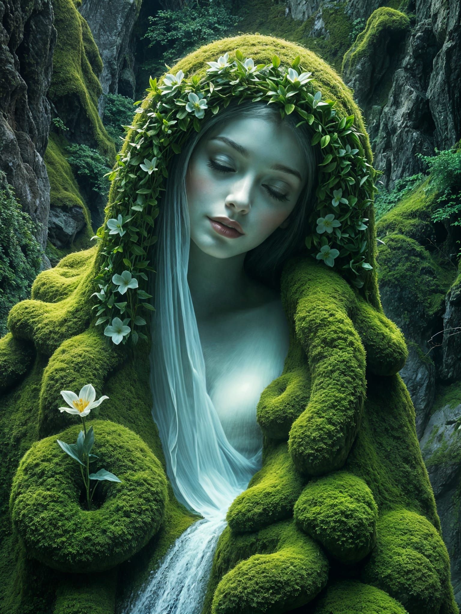 Ethereal Feminine Figure Integrated into Lush Landscape