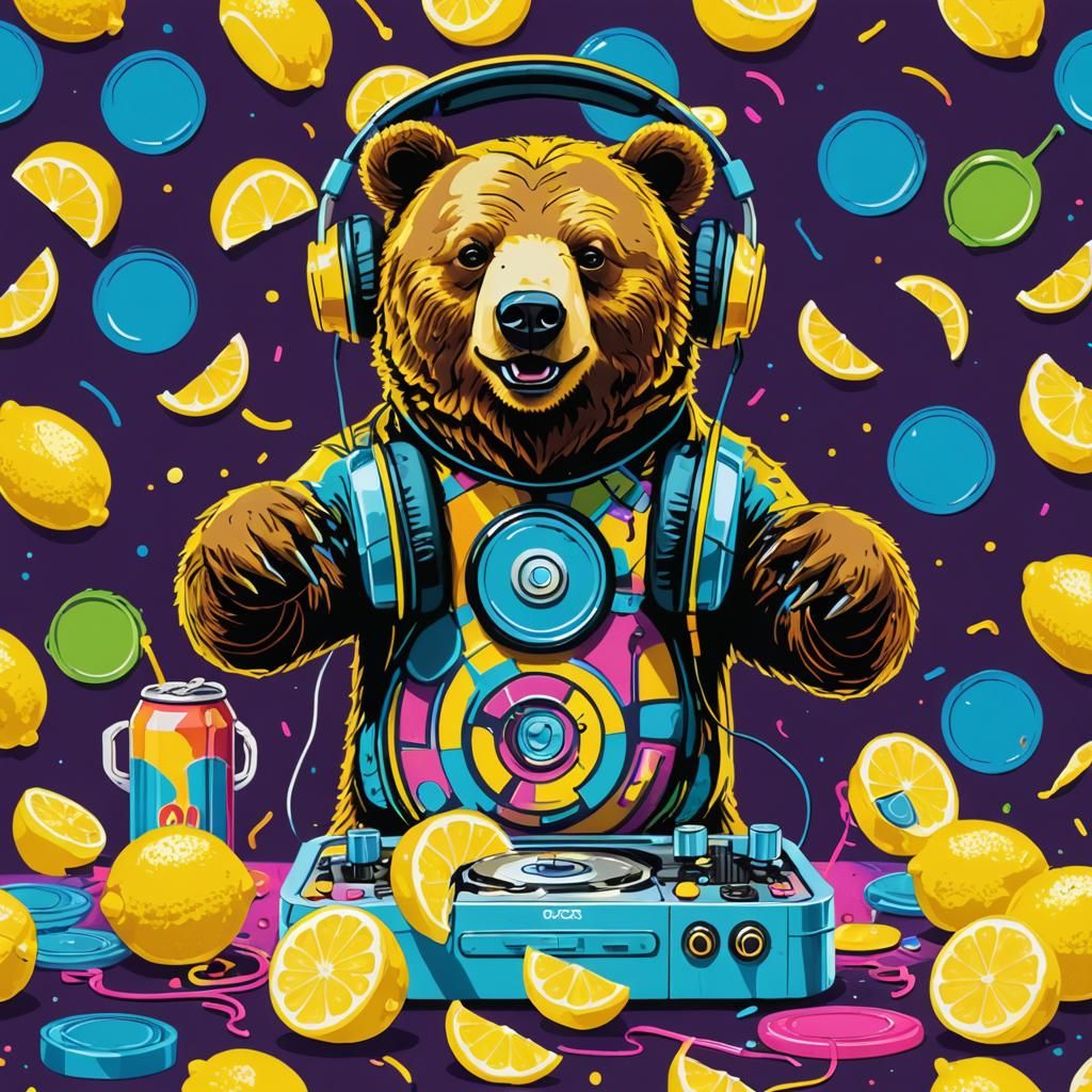 Bear DJing on Soda Can Label