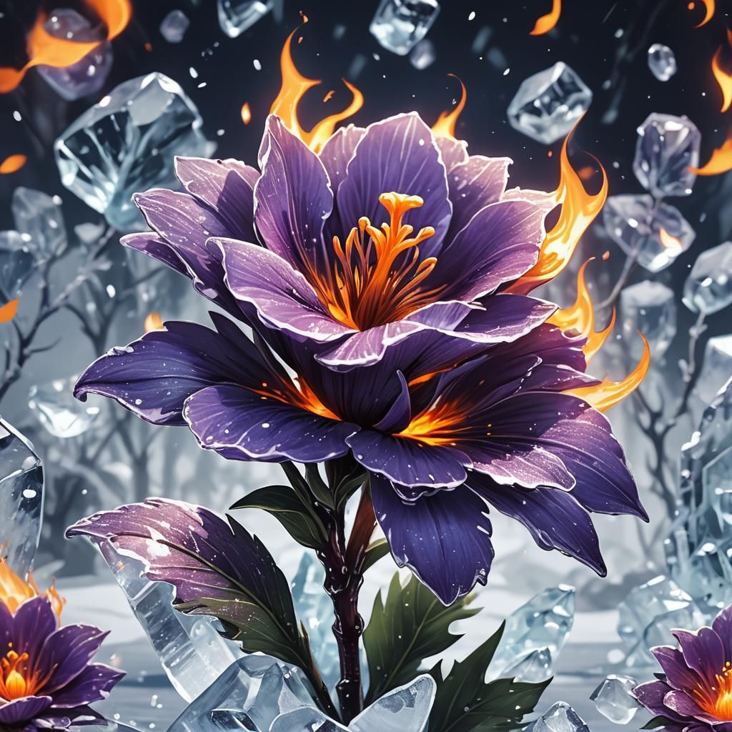 Fiery Purple Flower Frozen in Ice, Anime Style