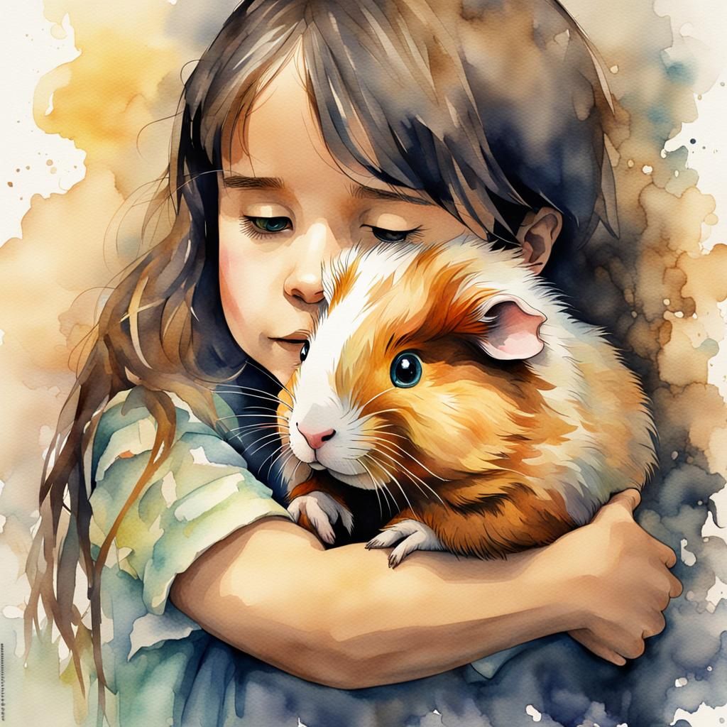Girl Hugging Guinea Pig in Watercolor Style
