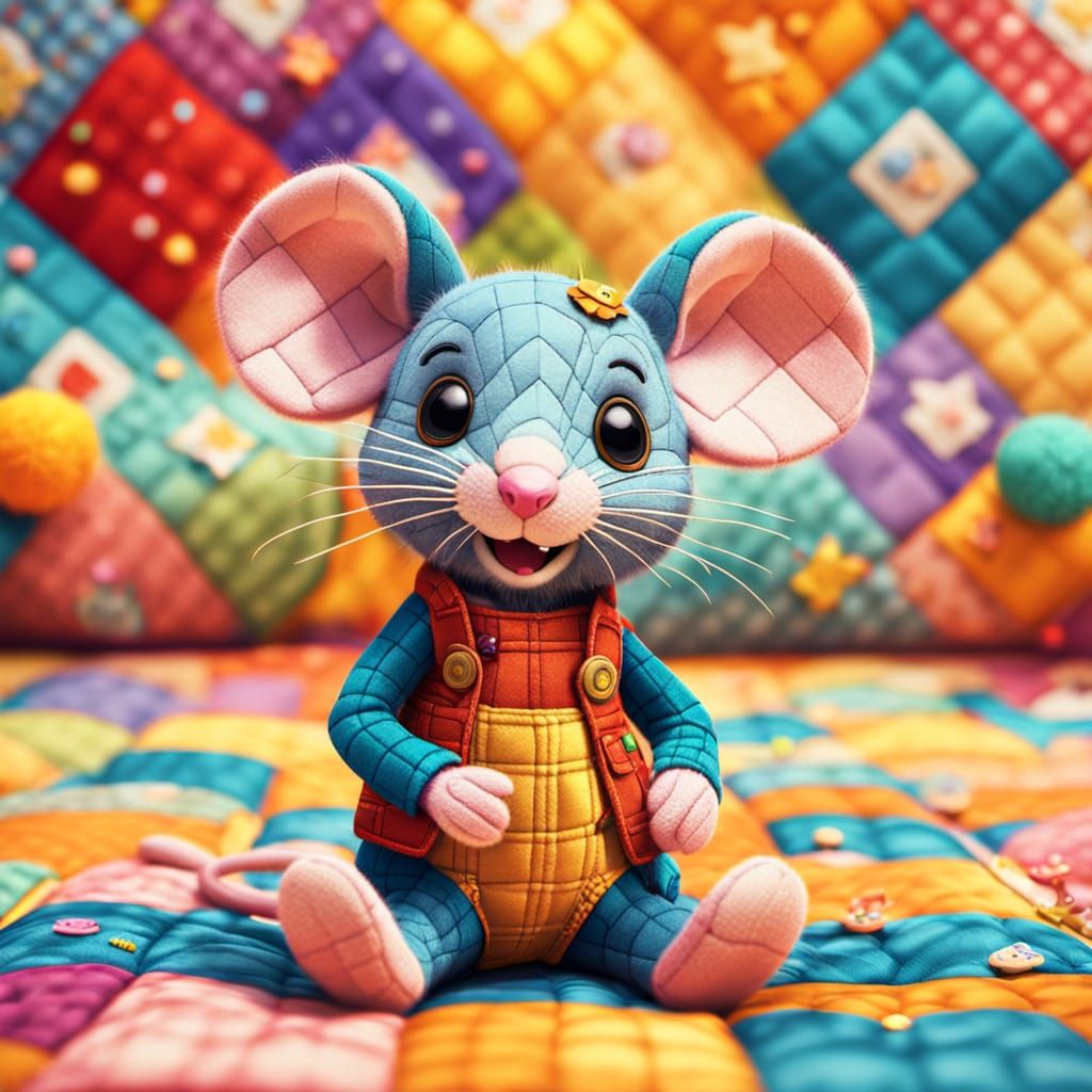 Pixar-Style Patchwork Mouse on Colorful Quilt