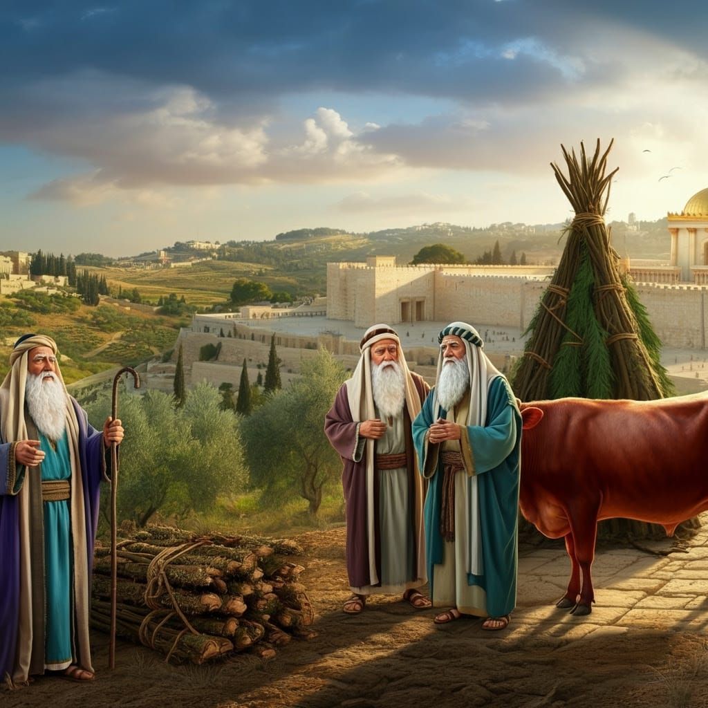 Ancient Sages Gather Around a Sacred Red Cow in a Golden Jer...