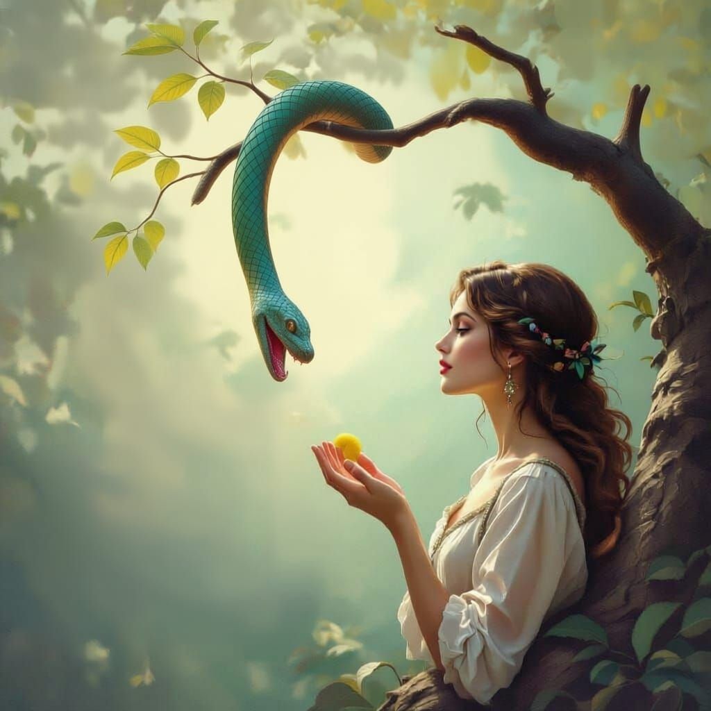 Winged Serpent Tempts Woman with Apple in Tree