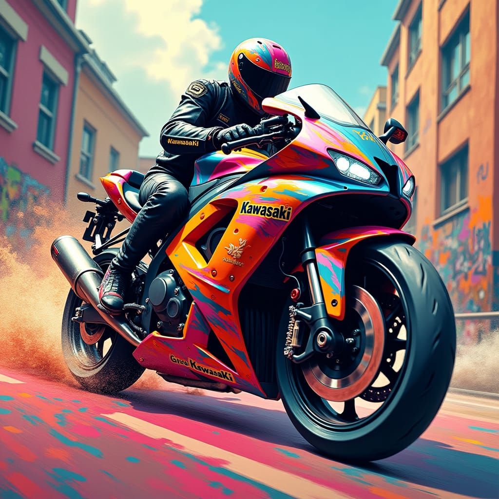 Kawasaki Motorcycle Soaring Through Graffiti Cityscape
