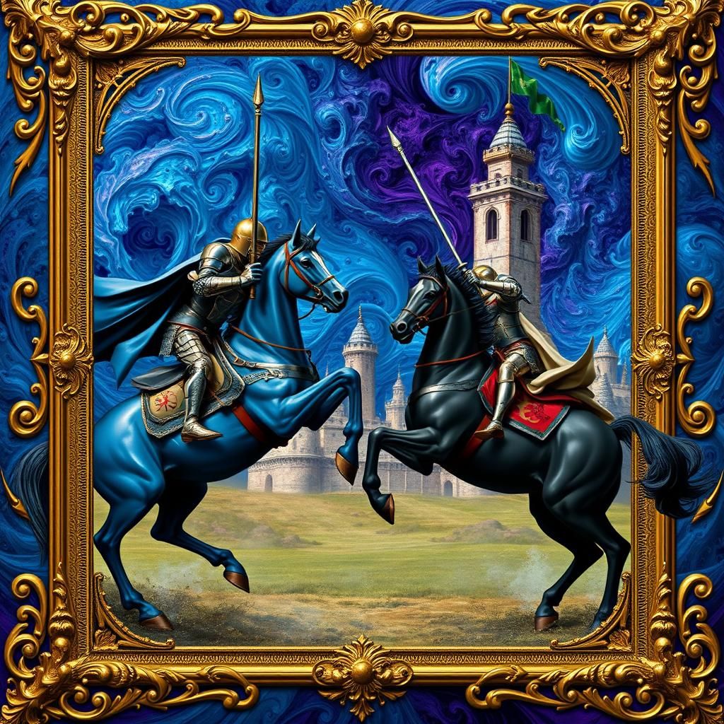 Blue Knight Versus Black Knight Joust in Fractal Scene