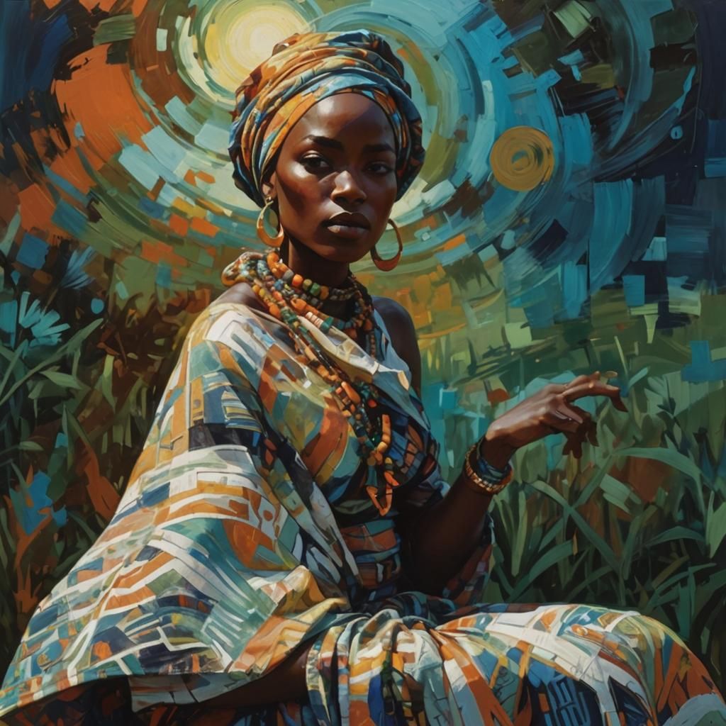 Vibrant African Woman in Abstract Afrofuturist Art