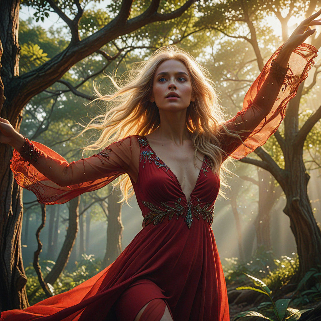 Radiant Beauty: Aubrey's Sunlit Dance by the Enchanted Tree