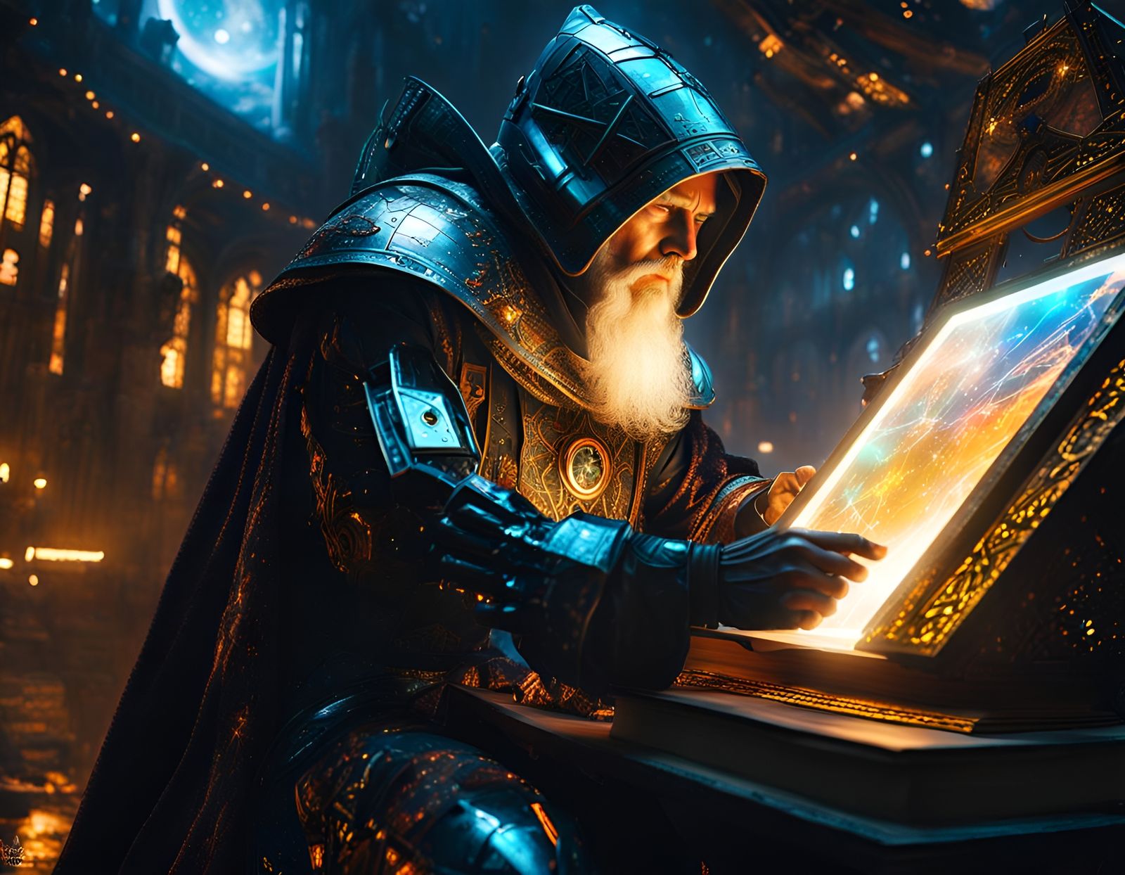 Cyberpunk Android Wizard Reading Map in Space