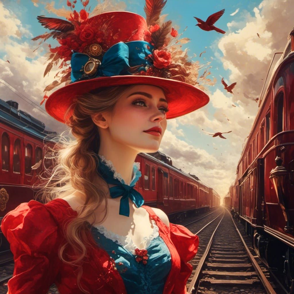Victorian Lady Portrait with Steam Train in Steampunk Style