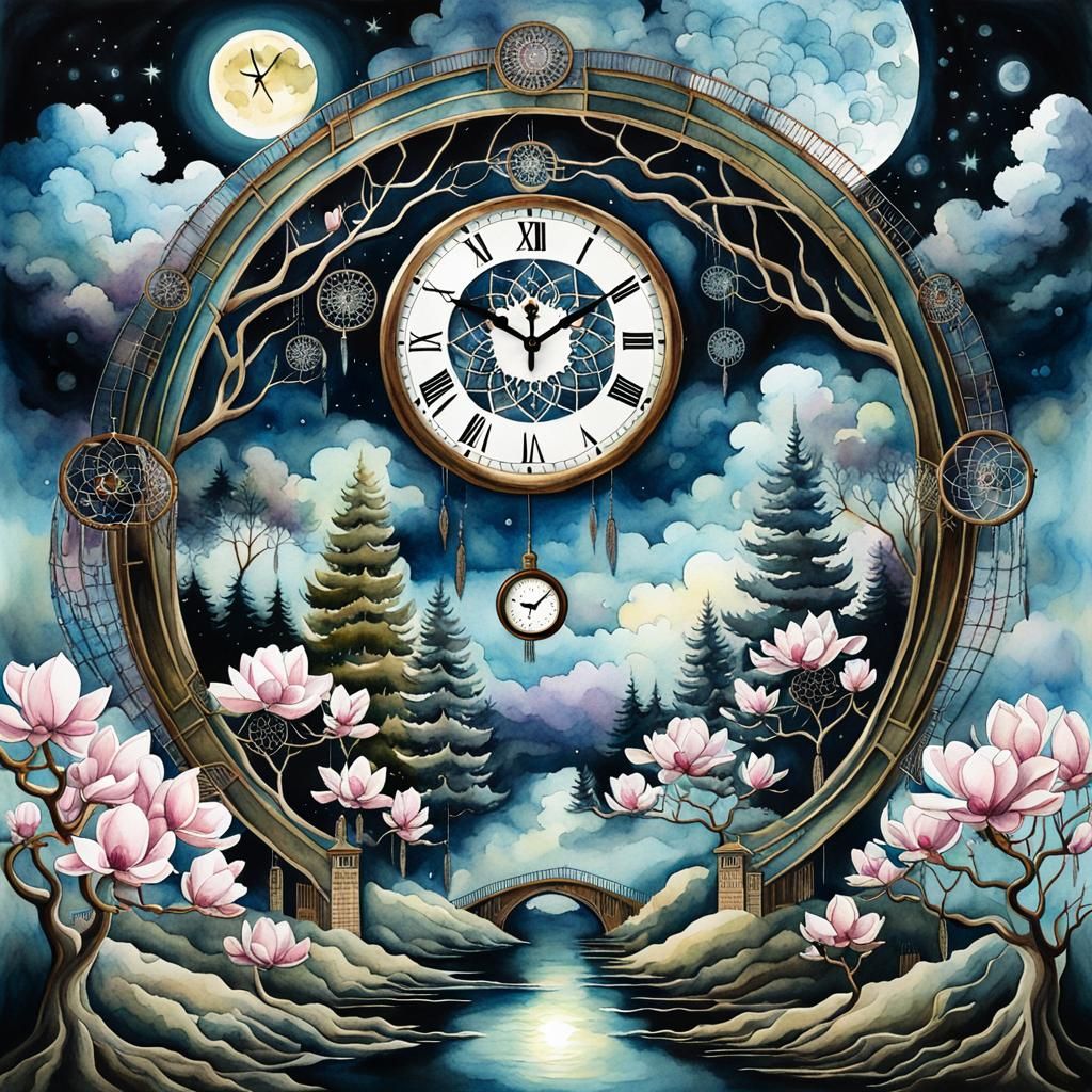 Surreal Watercolor Landscape with Dreamcatcher and Clock