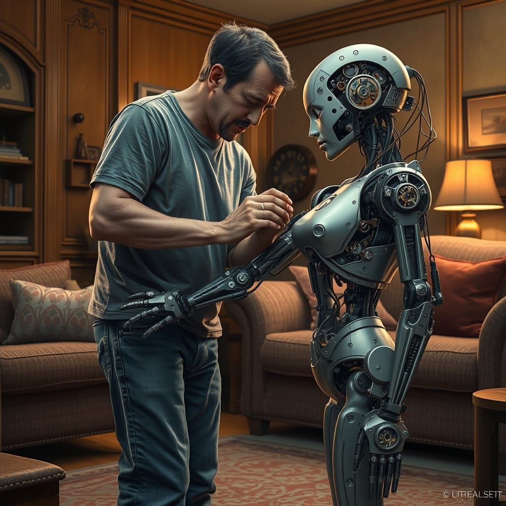 Man Repairs Robot Arm in Hyperrealistic Style