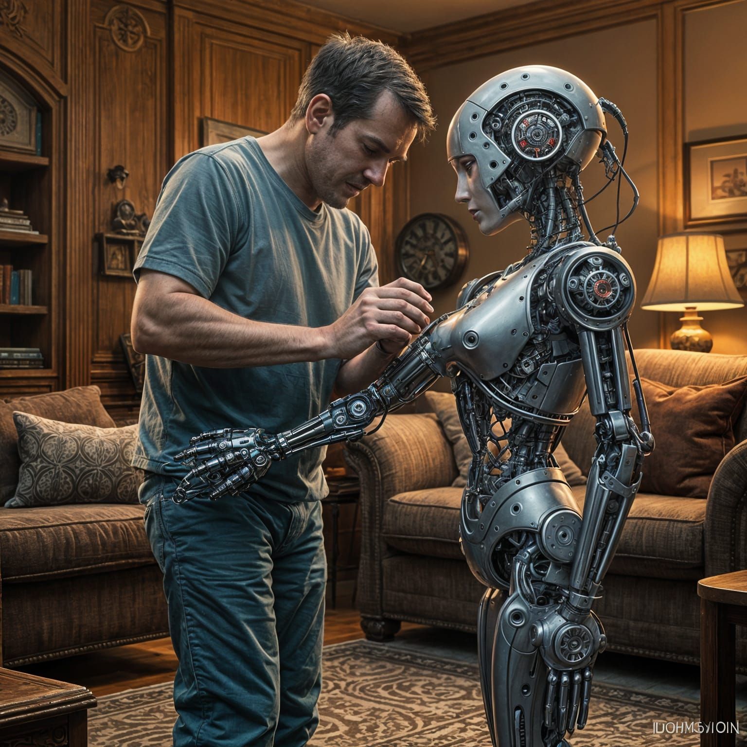 Hyperrealistic Man Repairs Robot Arm in Living Room