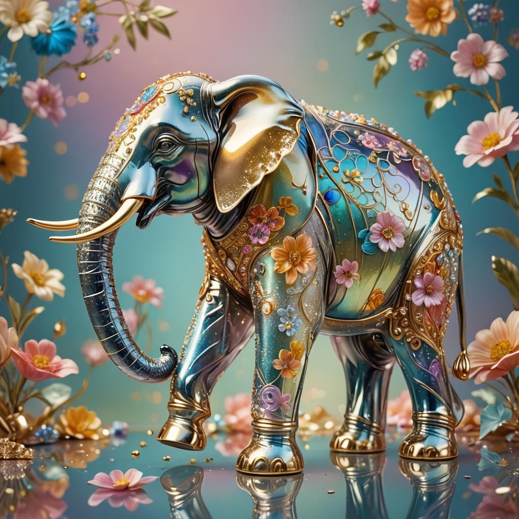 Glass Elephant Figurine with Gold Enamel Details