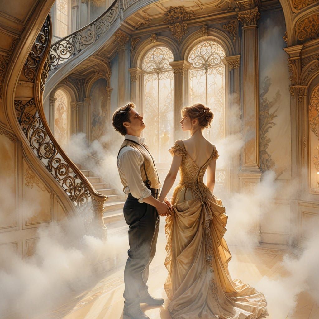 Intimate Art Nouveau Moment Captured in Dreamlike Ballroom