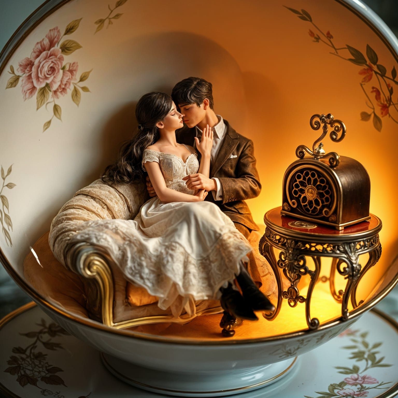Romantic Couple Diorama Inside Porcelain Teacup