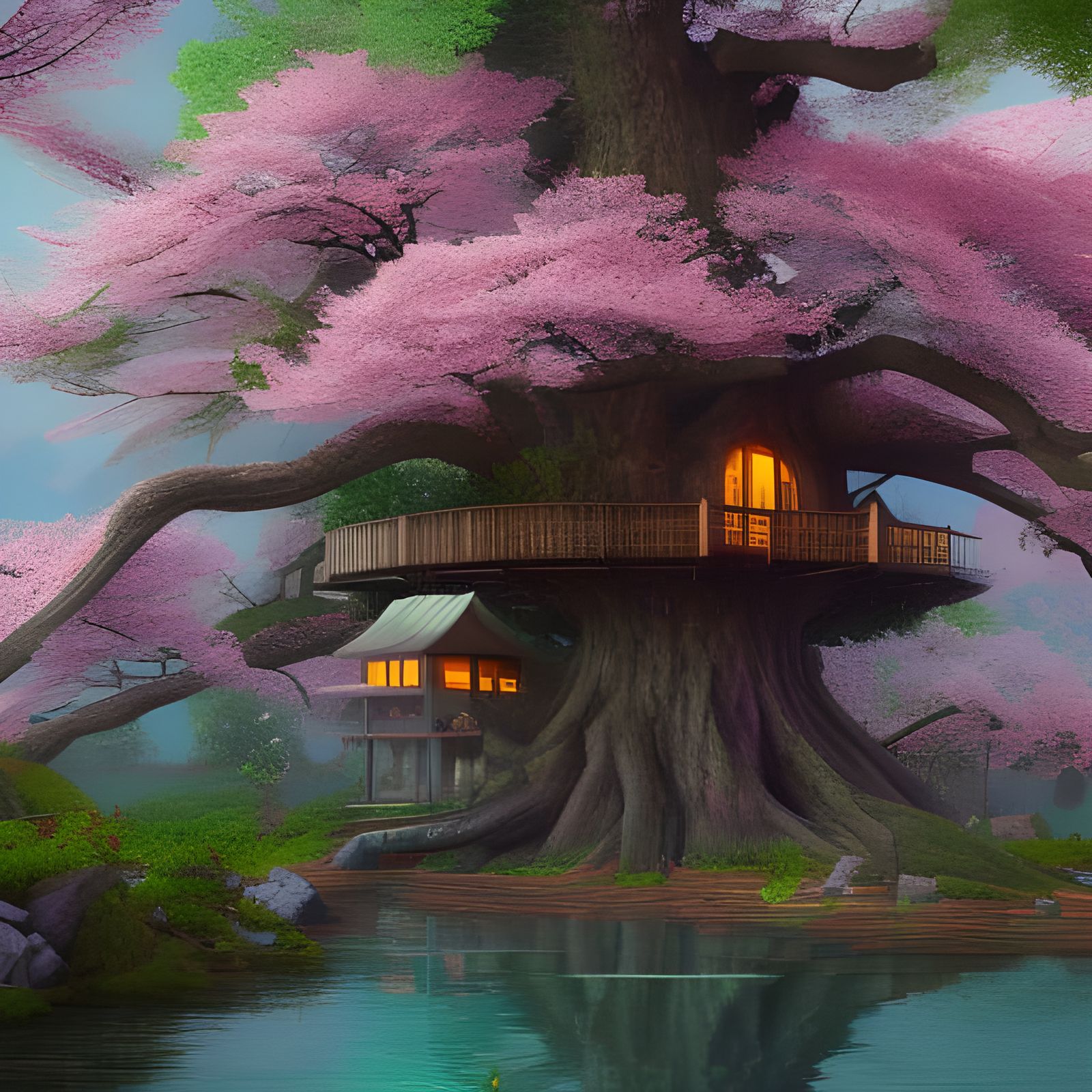 Treehouse by Lake with Cherry Blossoms
