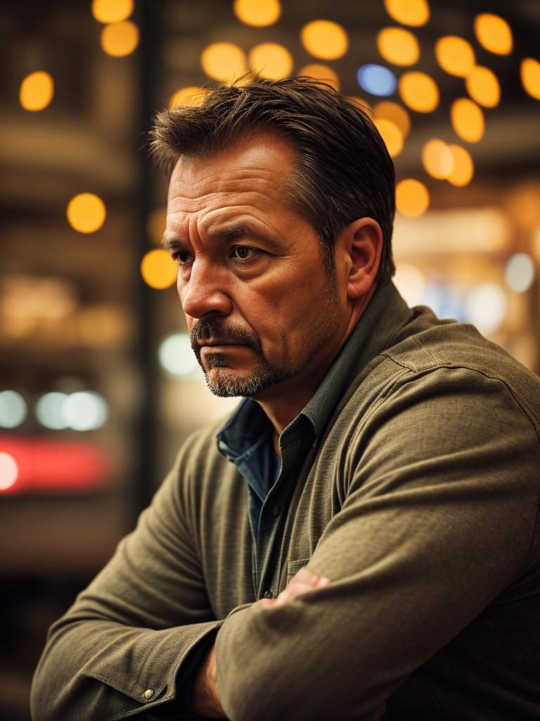 Contemplative Man Considers Financial Loss: Warm Bokeh