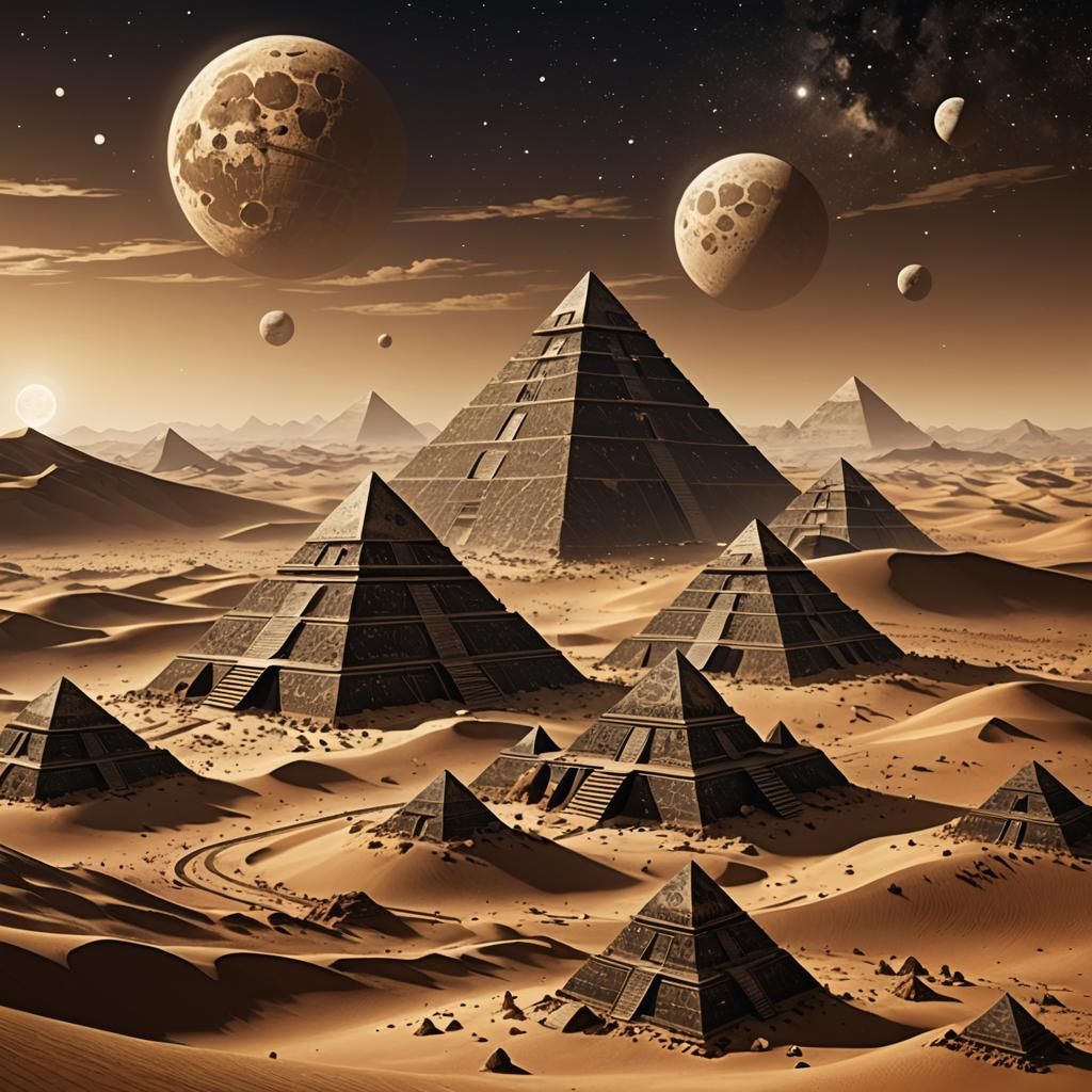 Floating terraced pyramids on desert world with many moons