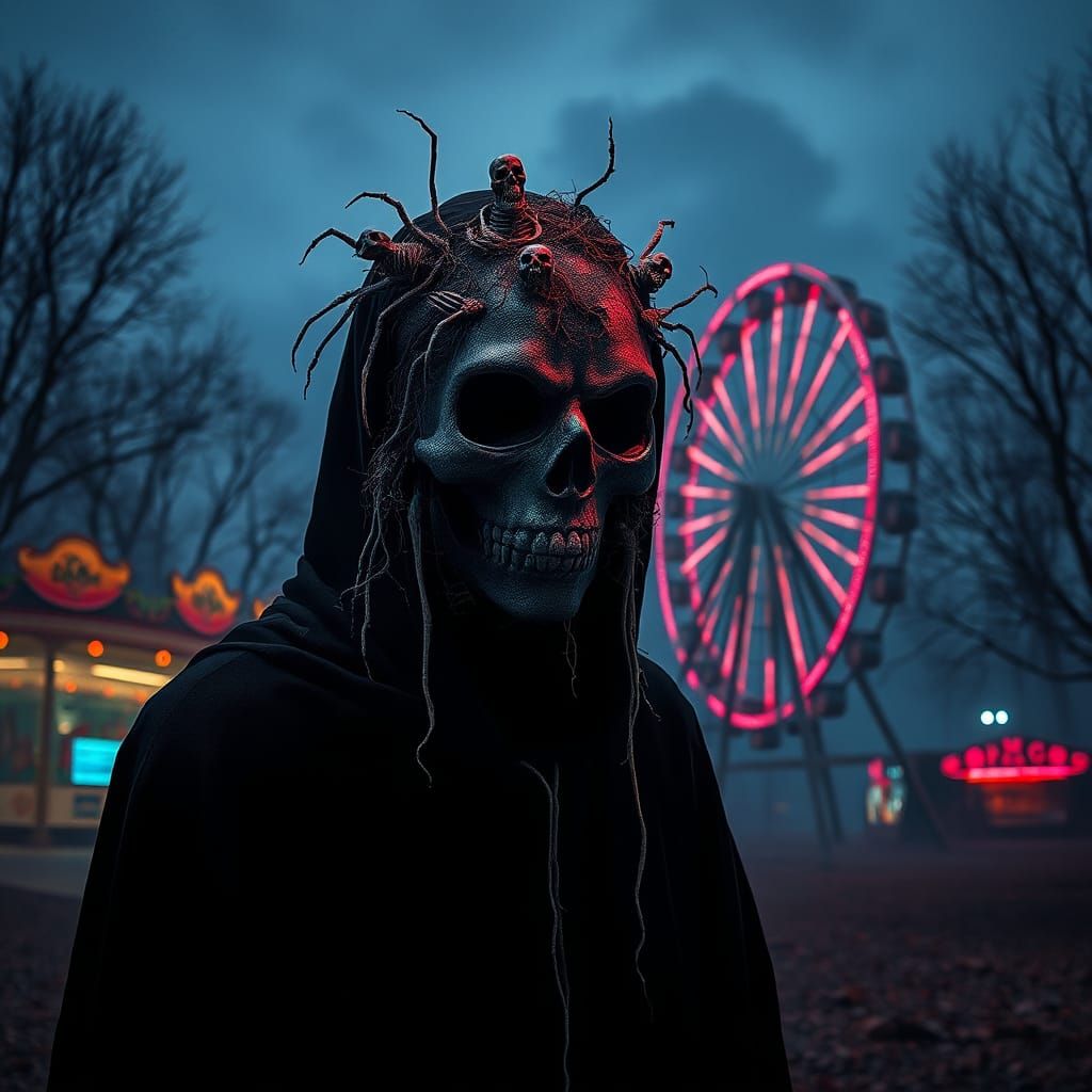 Macabre Mask in Abandoned Carnival: Dark Surrealism