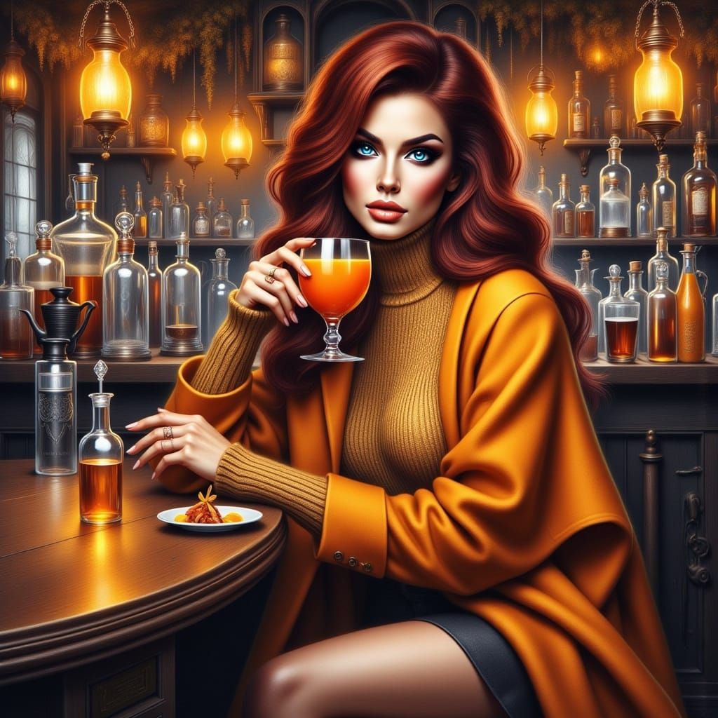 Woman Sips Orange Juice at Bar in Watercolor Style