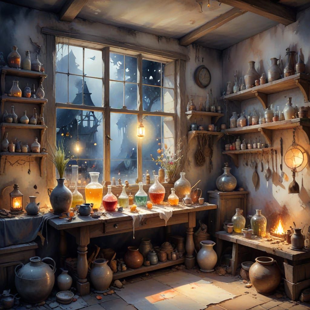 Enchanting Witch Cottage with Potions in Watercolour Style
