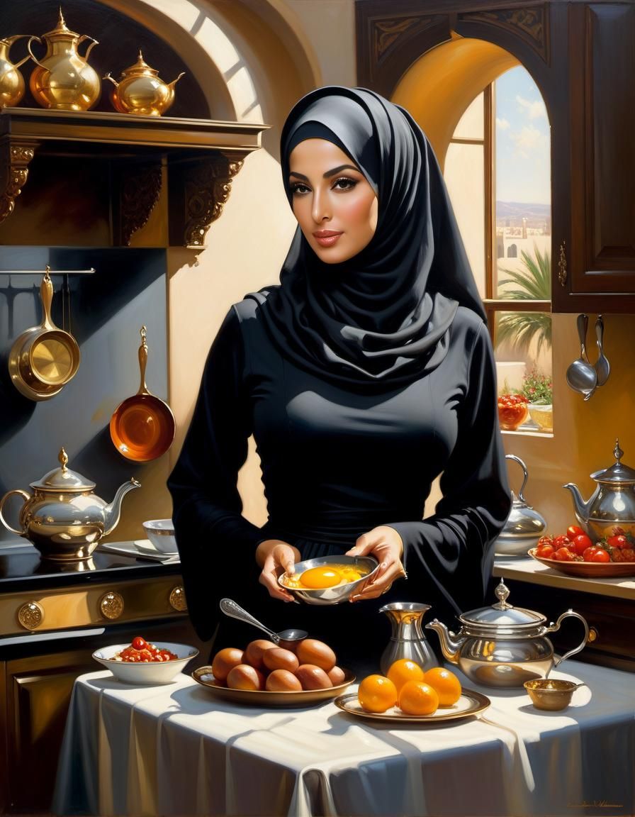Woman in Hijab Making Breakfast, Oil Painting