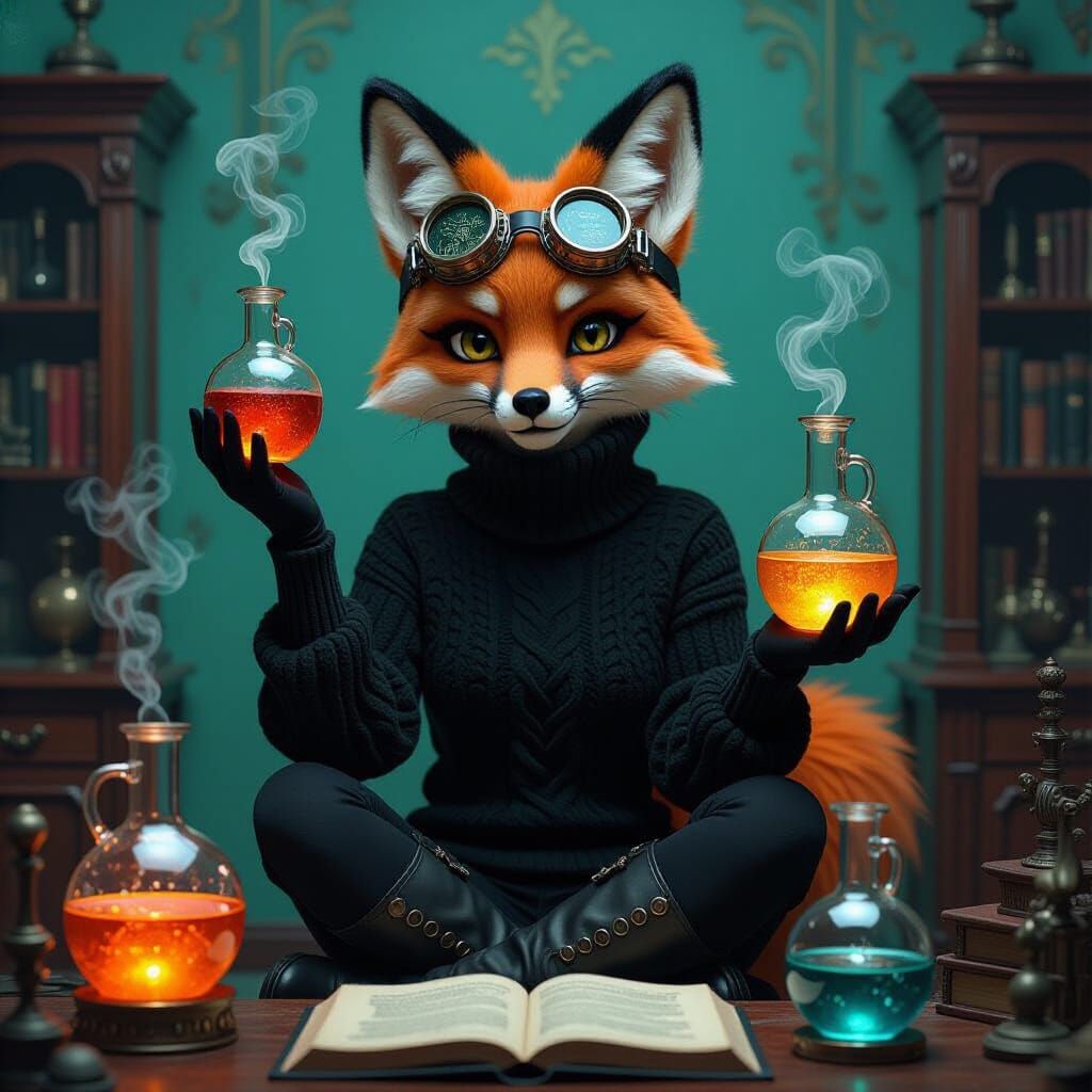 Steampunk Goth Fox Apothecary in Art Nouveau Style