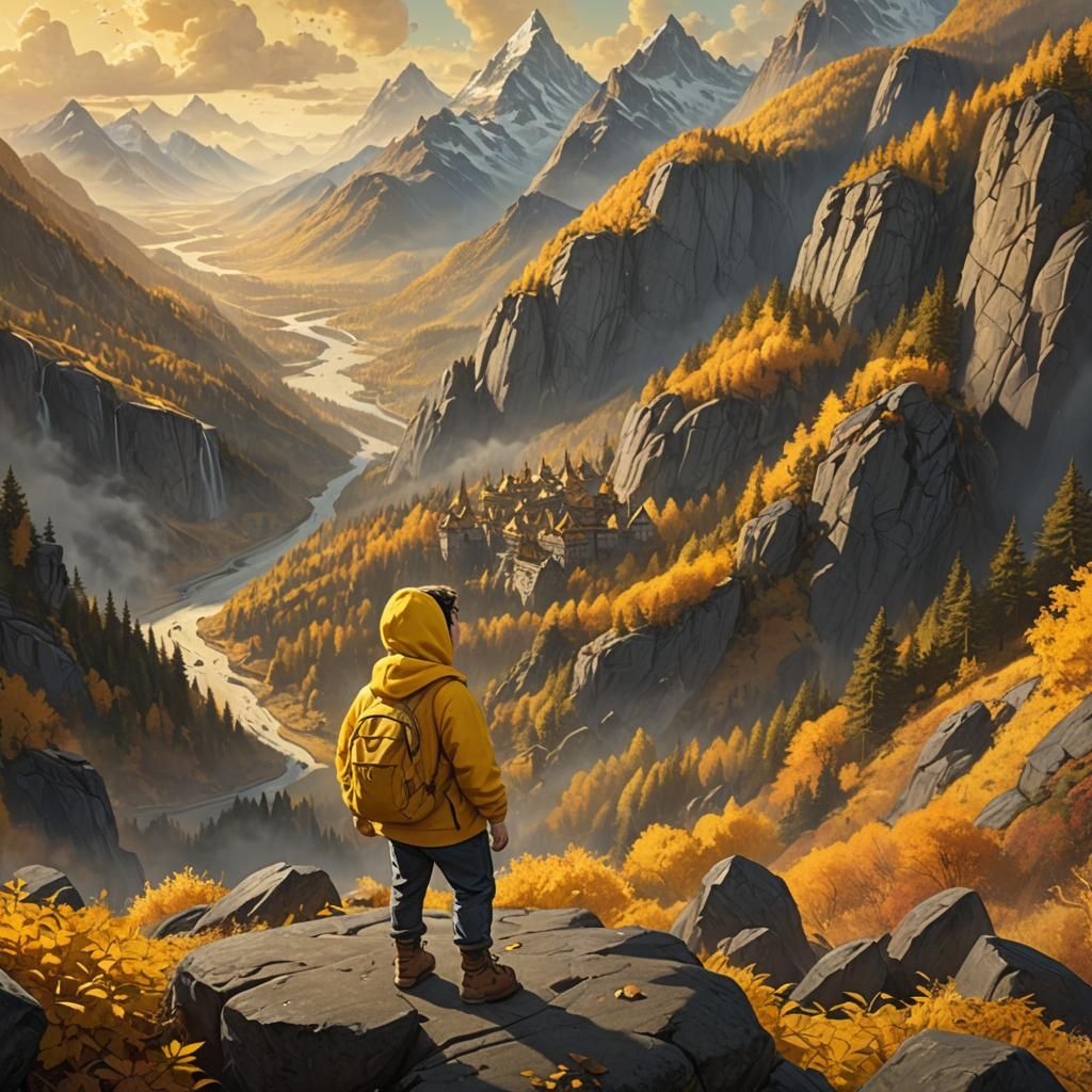 Child Lost in Autumnal Fantasy Mountainscape