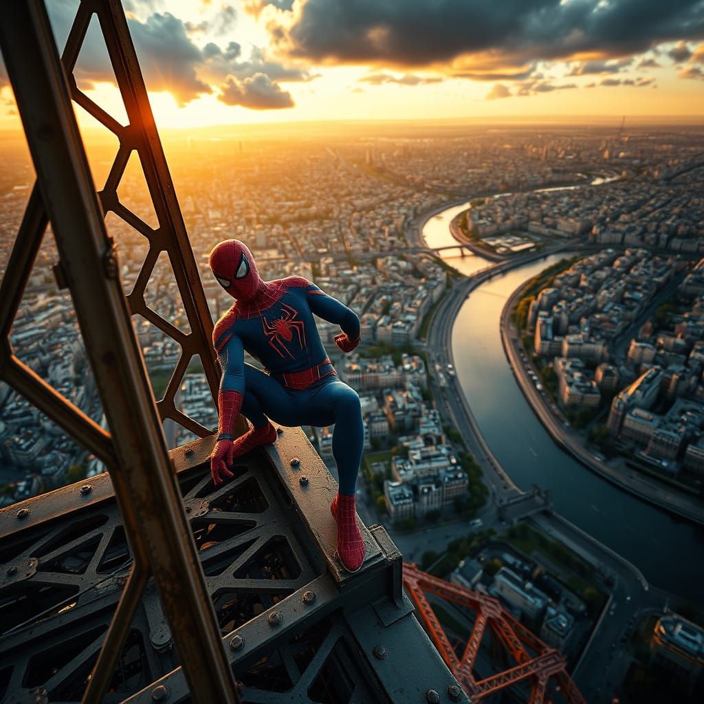 Spider-Man Perched on Eiffel Tower in Parisian Sunset