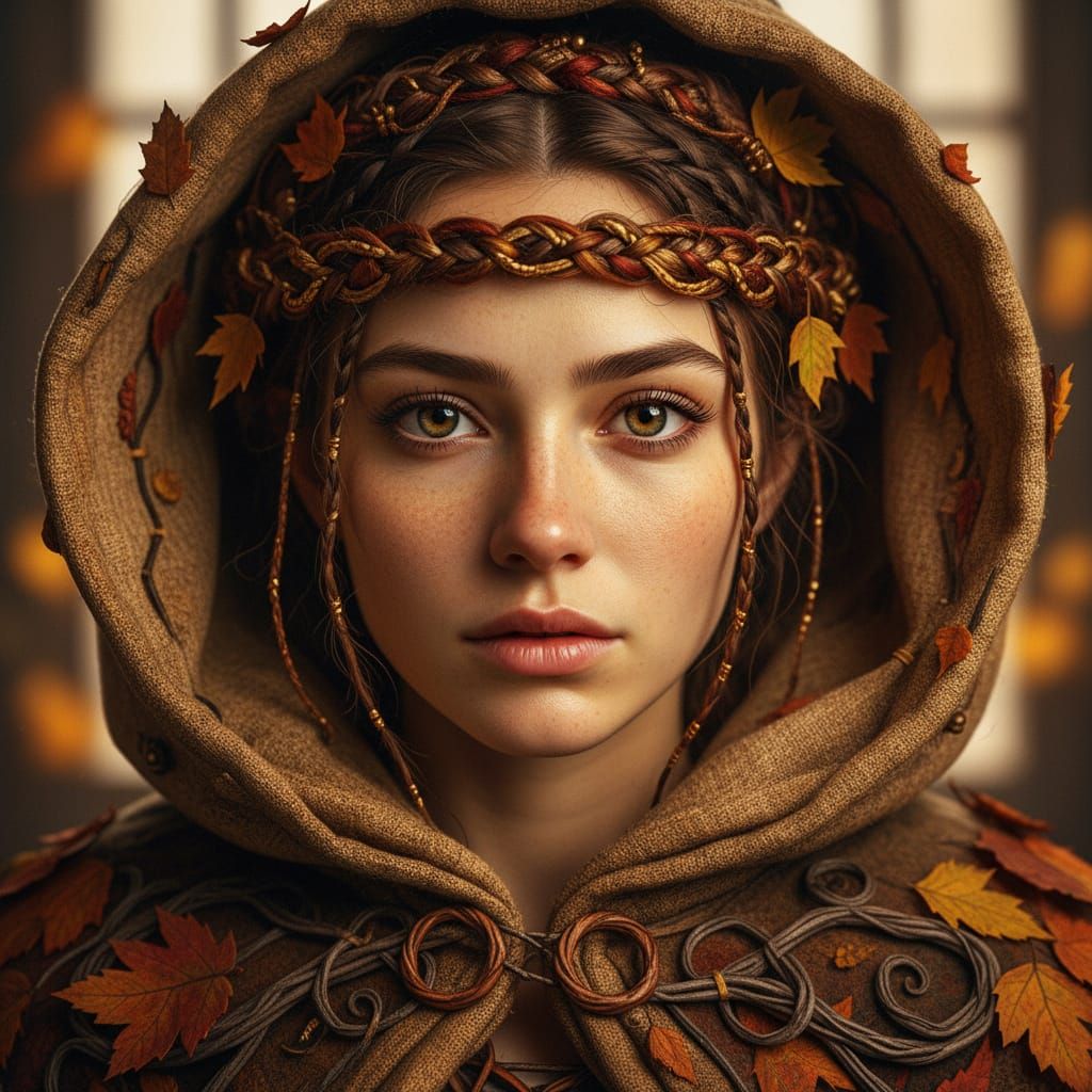Young Woman in Autumn Attire with Expressive Eyes